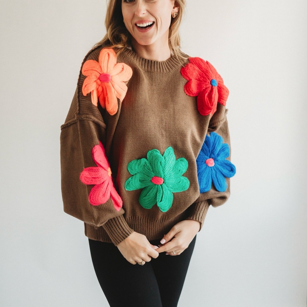 Floral Embellished Brown Sweater